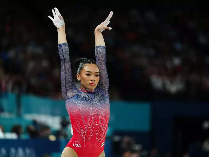 Her leotard is covered in over 5,000 crystals.