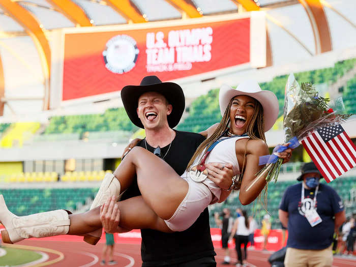 Track and field stars Tara Davis-Woodhall and Hunter Woodhall are both representing Team USA.