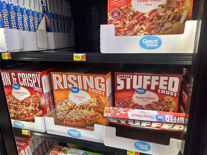 Walmart offered basic frozen pizzas for an OK price. 