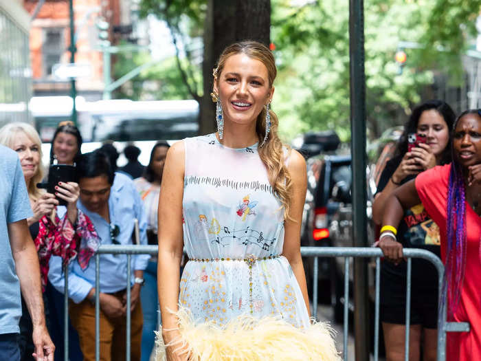 Feathers dominated a dress Lively wore on July 31.