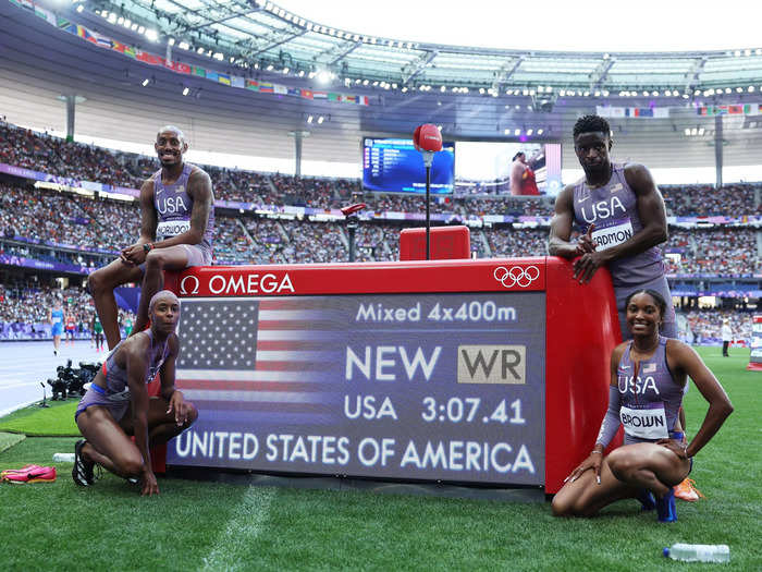 The US 4x400 mixed relay team broke the world record in their preliminary heat.