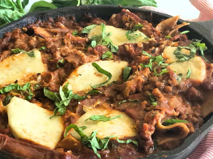 Lentil Bolognese lasagna is a weekly staple in my house.