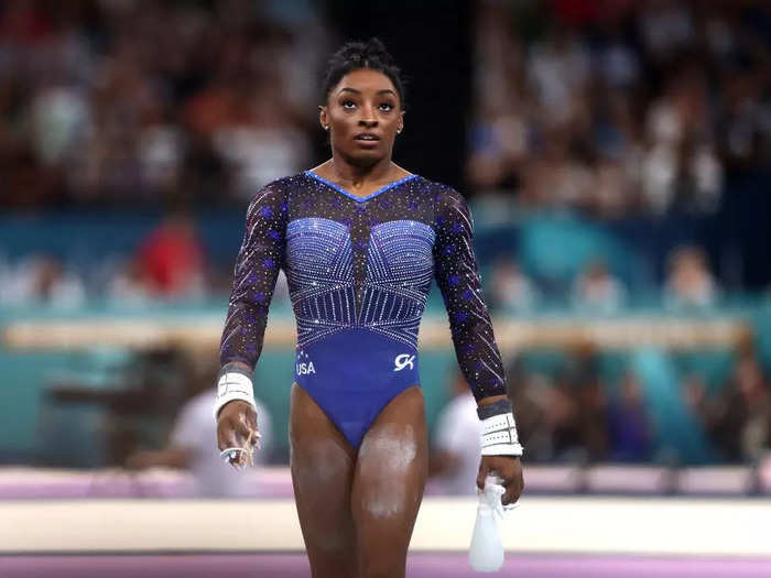 For the individual all-around final, Simone Biles wore a leotard with corset-like lines and subtle stars and stripes on the sleeves.