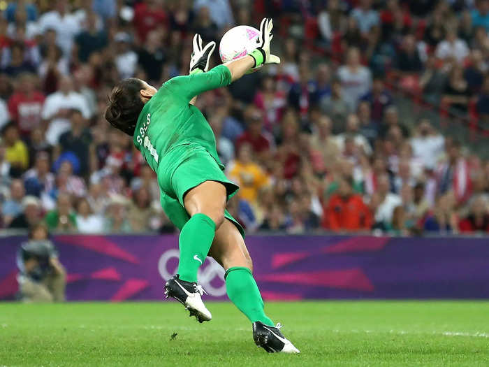 Goalkeeper Hope Solo made major saves in the 2012 Olympics final.