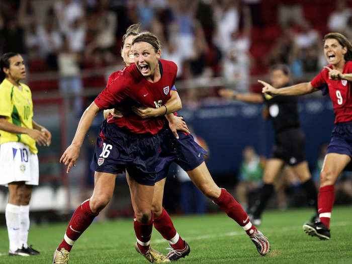 Athens 2004 saw a young Abby Wambach rise over the Brazilian defense in extra-time to give the US its second Olympic gold medal.