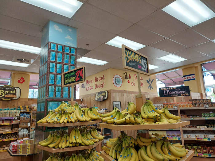 The bananas were displayed nicely too, stacked on these wooden shelves — though I did notice the 23-cent price tag on its regular bananas. Prior to this spring, Trader Joe