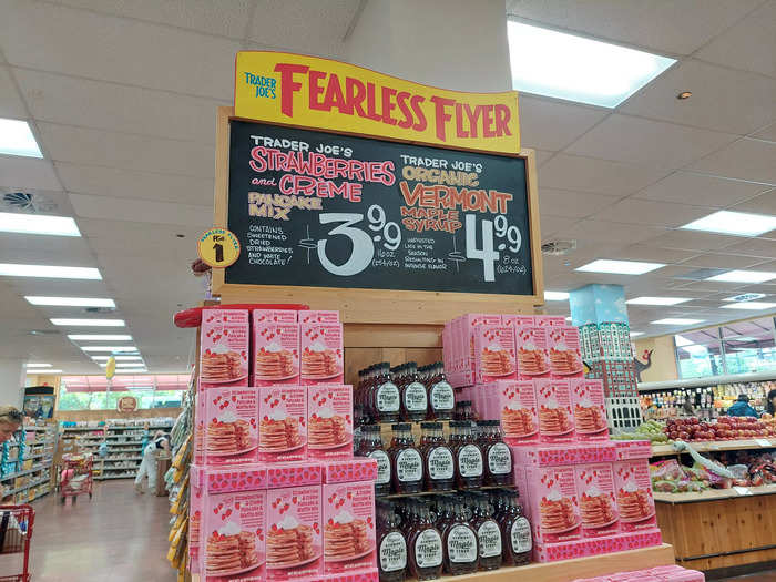 Displays throughout the store were handwritten, including this end-cap display for pancake mix and maple syrup.