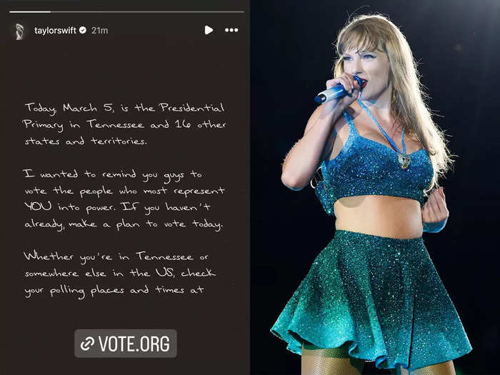 In March 2024, Swift told fans to vote in the presidential primary without endorsing anyone.