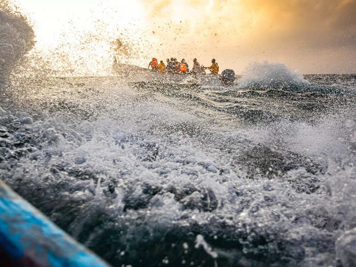 Scientific divers photographed by Ulrika Larsson encountered rough seas in Bab al-Mandab Strait, Djibouti.