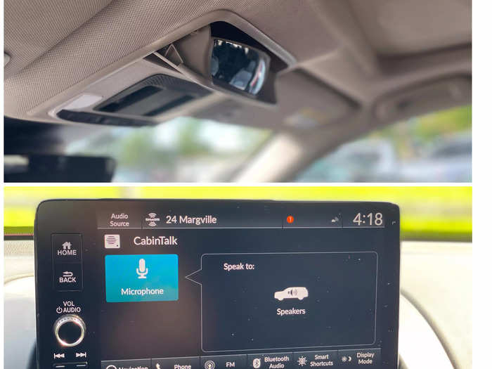 Above the center console is a folding panoramic conversation mirror that helps the driver keep an eye on the passengers. 