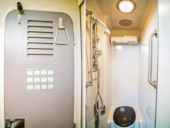 The private bathroom has a door, a shower, and a toilet. In other booking classes, riders share a bathroom in their train car.