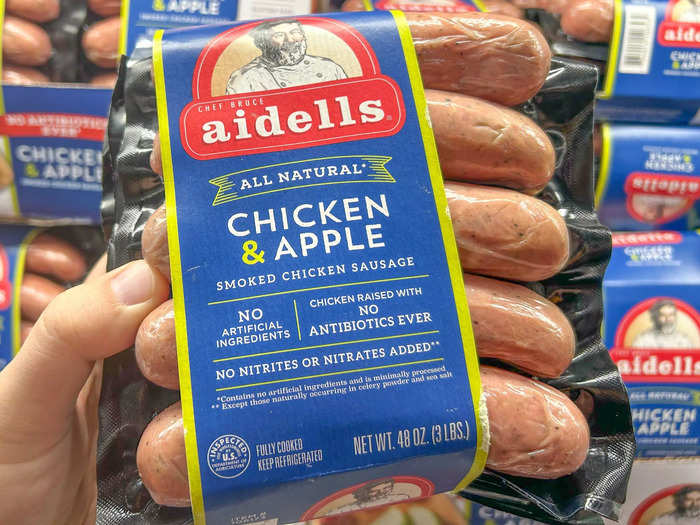 Skip the hot dogs and grill the Aidells smoked chicken-and-apple sausages.