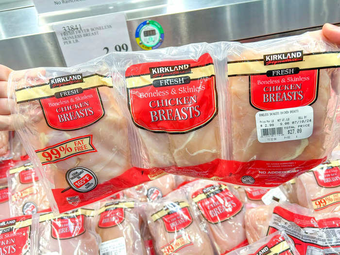 We divide and freeze the Kirkland Signature boneless and skinless chicken breasts.