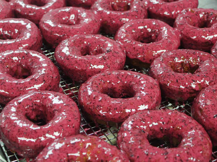 Both the dough used to make the doughnuts and the glaze on top are made with Maine blueberries.