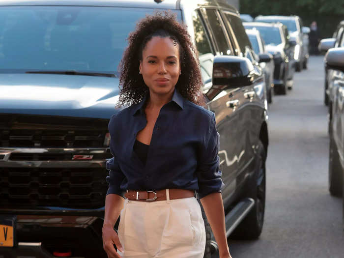 "Scandal" star Kerry Washington attended day one in a full Ralph Lauren look with a navy-blue button-down shirt, cream shorts, and brown accessories.