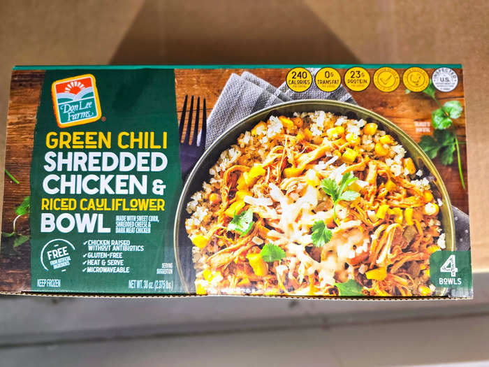 When I want a filling meal, I heat up one of the Don Lee Farms green chili, shredded chicken, and riced cauliflower bowls.