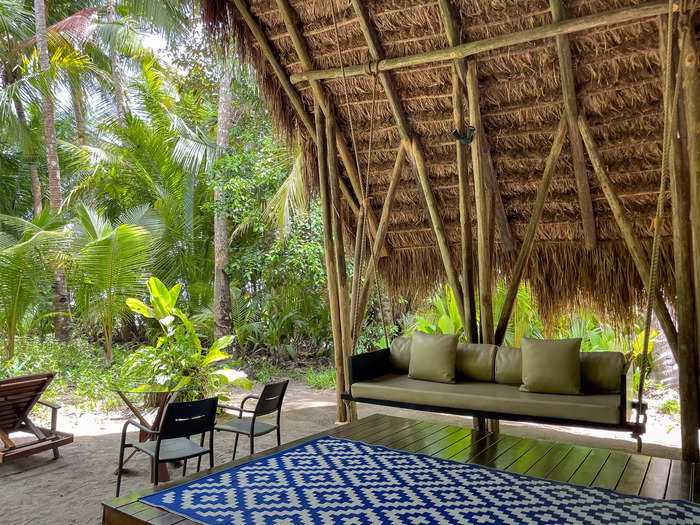 The casita had a shaded deck. One side was home to a porch swing. 