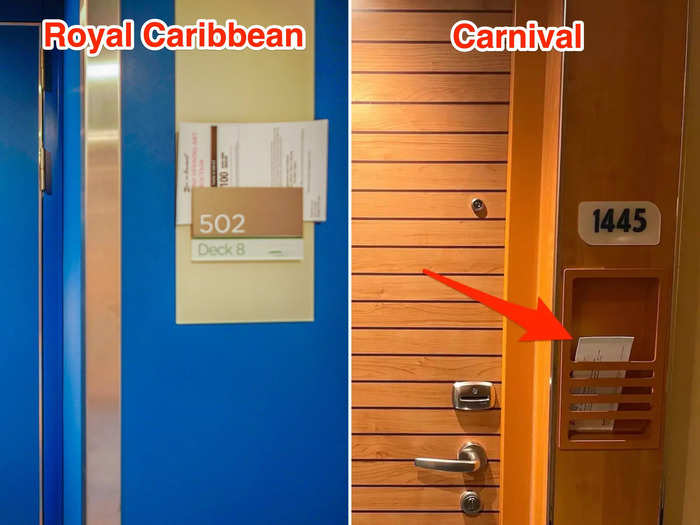 Both rooms had a mailbox next to their door where they found informational flyers and their stateroom keys on the first day of their cruises.