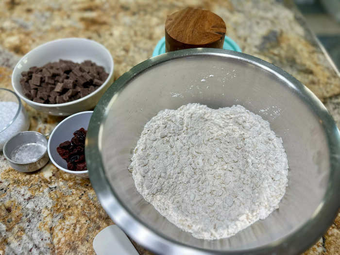 Next, I combine the dry ingredients in a separate bowl.