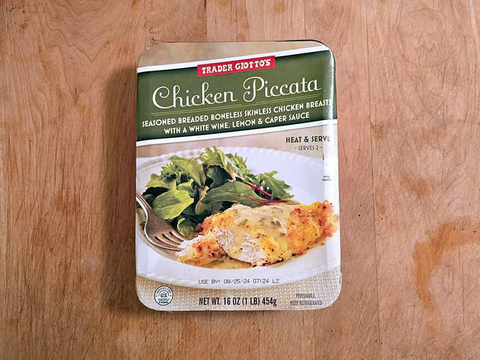 Trader Joe’s chicken piccata comes with a delicious white wine, lemon, and caper sauce.