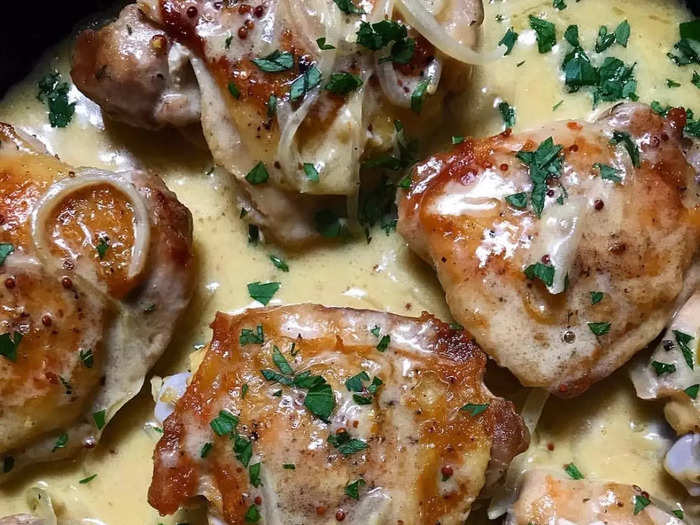 The chicken thighs with creamy mustard sauce come out tender and delicious.