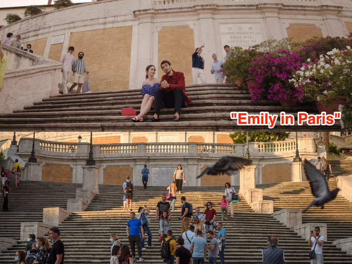 Emily and Marcello take a rest in the middle of the Spanish Steps. They would have been asked to move by authorities and possibly fined.