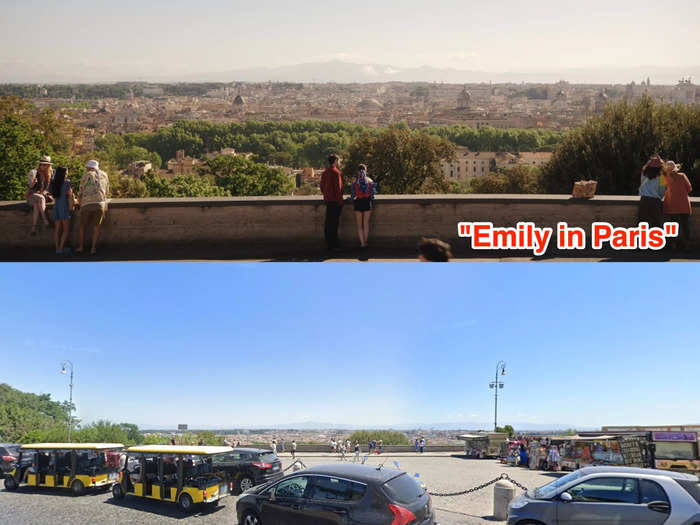 The duo enjoy a panoramic view of the city from the top of Janiculum Hill, another spot shown to be unusually quiet.