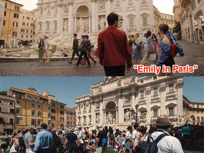 They next stop at the Trevi Fountain, which is also shown to be free of its usual crowds.