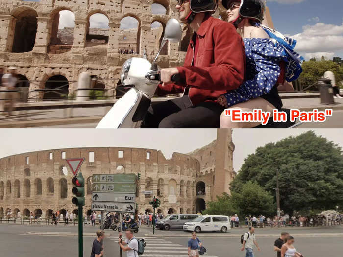 Emily and Marcello take a Vespa ride around the city, passing the Colosseum. In reality, it