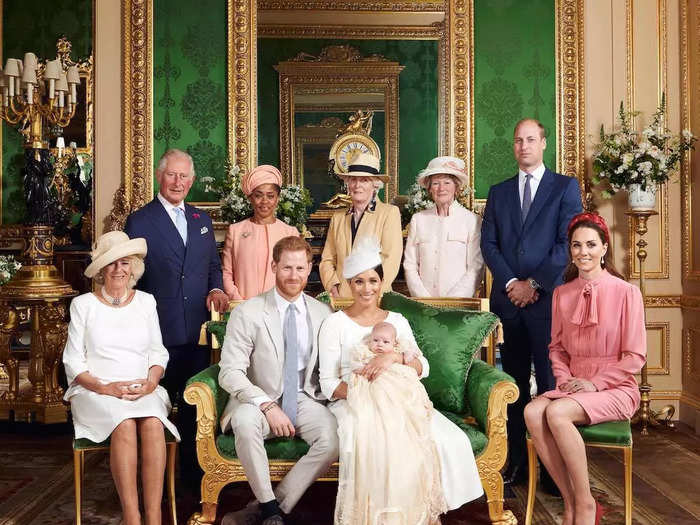 The royal family posed for a photo after Archie Harrison Mountbatten-Windsor was christened at Windsor Castle in July 2019.