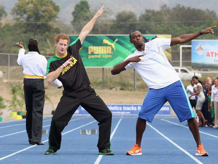 The following year, Harry posed with Usain Bolt in Kingston, Jamaica.