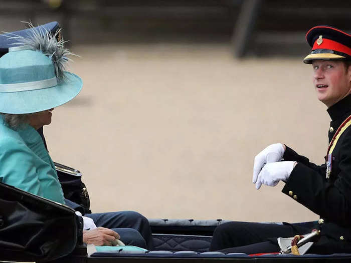 Harry shared a joke with William and Camilla, Duchess of Cornwall as they arrived for Trooping The Colour, the Queen