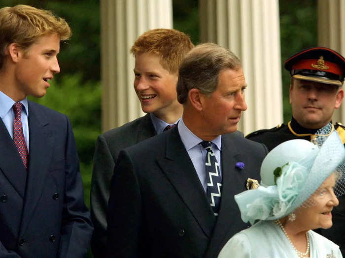 William and Harry shared a joke as they celebrated the 101st birthday of the Queen Mother, their great-grandmother, in August 2001.