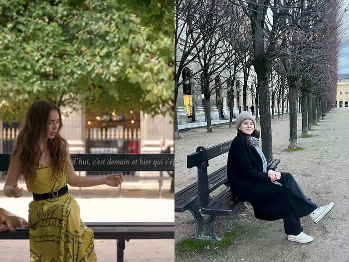 Emily meets her friend Mindy (Ashley Park) in a park close to the Savoir office. Filming took place at the Palais Royal Gardens.