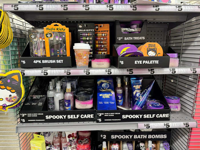 Halloween-themed cosmetics were spread throughout, all $5 and under of course.