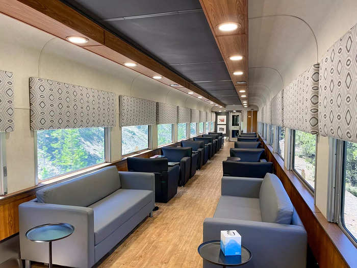 Behind it was a second lounge car, which had modern furnishings and leather seats along its two sides. Lucas said the cars were designed as a "conversation space" where first-class passengers could roam freely throughout the entire ride.