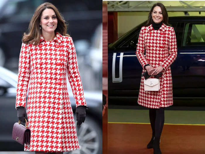 Kate rocked a red-and-white houndstooth coat from Catherine Walker in both 2018 and 2023.