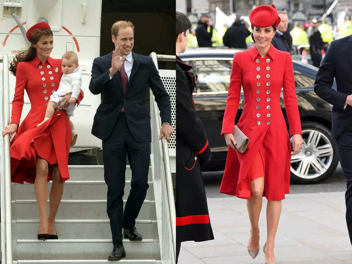 Kate recycled a red Catherine Walker coatdress throughout her time in the public eye.