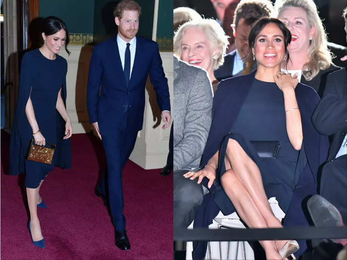 Meghan Markle wore a Stella McCartney cape dress to two royal engagements in 2018.