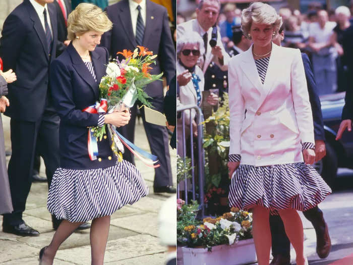 Diana wore a striped bubble dress two different ways in 1987.