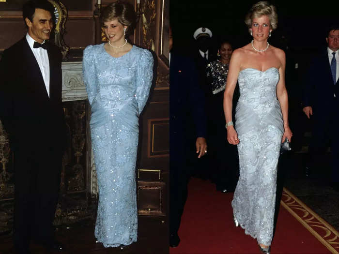 Diana updated the neckline of a Catherine Walker dress she first wore in 1986 to revamp it for 1990.