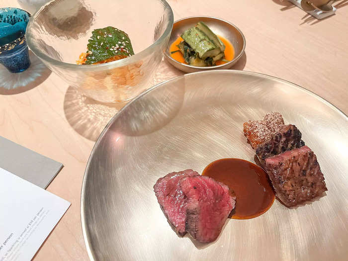 The hanwoo dish featured rich beef and a kimchi-and-cucumber salad.