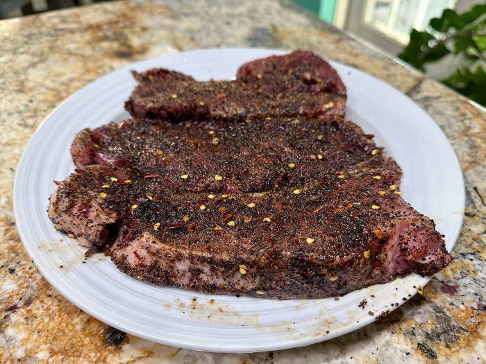 I let my New York strip steaks marinade in the rub all day.