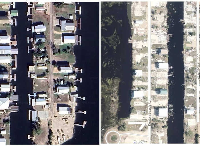 Satellite images show areas where entire blocks appear flattened after Hurricanes Helene and Milton — except some houses still stand.