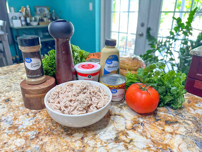 I started by gathering the ingredients for the green-chile chicken burgers.