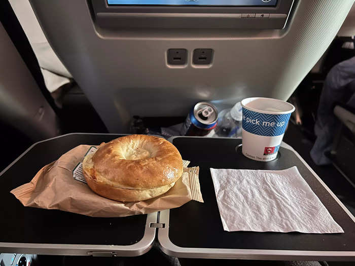 It was a similar idea for breakfast in premium economy, where I had an egg bagel and a coffee.