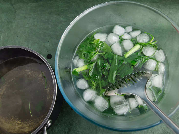 Enjoy perfectly blanched veggies by salting both your ice and boiling water.