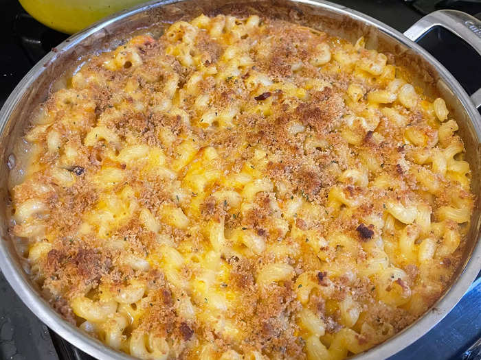 I sprinkled the breadcrumbs over the top of the mac and cheese and then baked it for about 20 minutes.