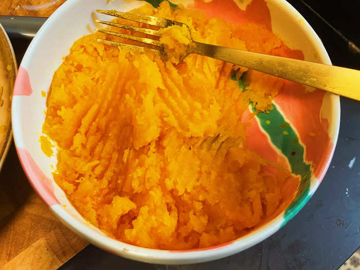 I used a fork to scrape out the insides of the squash, which was easy because the squash was so soft.