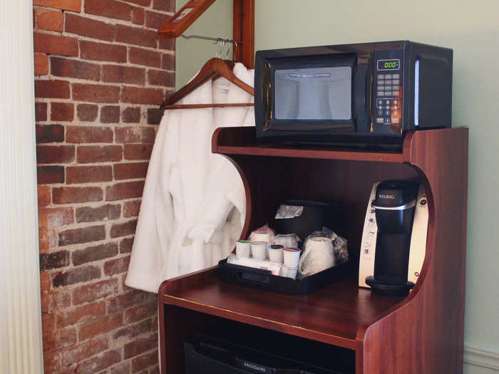 There was also a small coffee station with a microwave, a mini fridge, and comfortable robes.